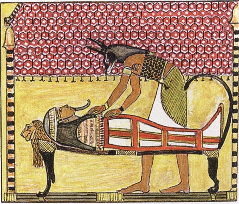 "Жрец в образе Анубиса готовит тело для бальзамирования". Древний Египет. XIII в. до н. э.