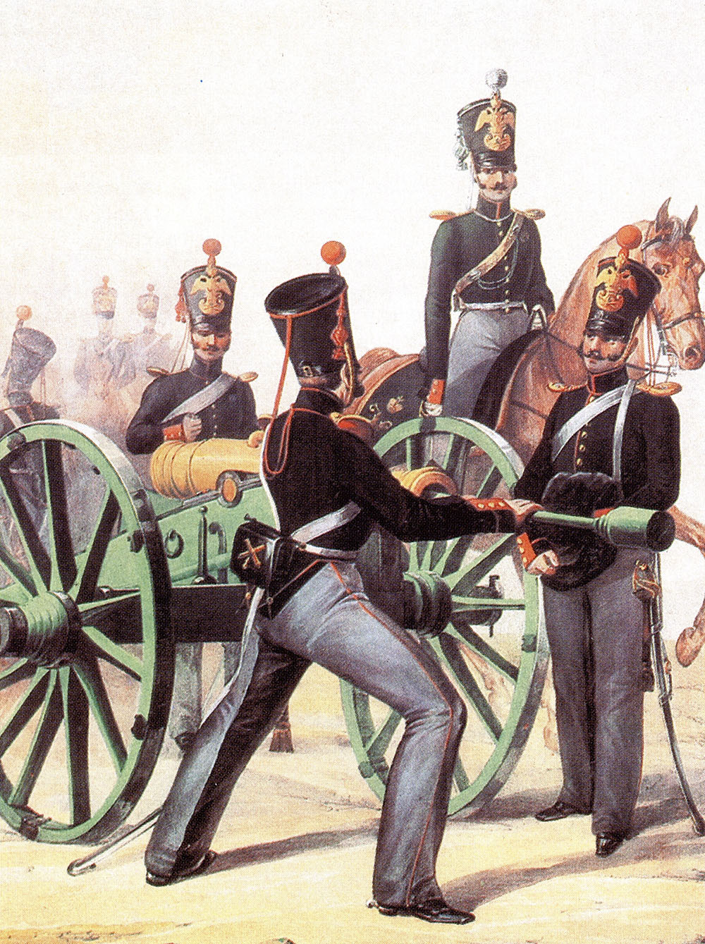 Предположительно Л. Белоусов. "Обер-офицер и рядовые конно-артиллерийской бригады". 1839.