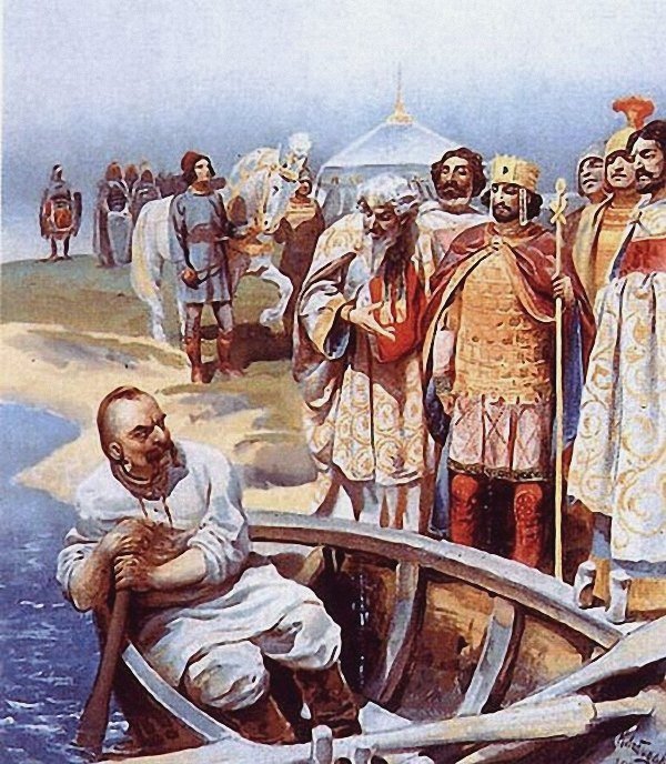 Клавдий Лебедев. Встреча святослава с византийским императором Цимисхием на берегу Дуная.