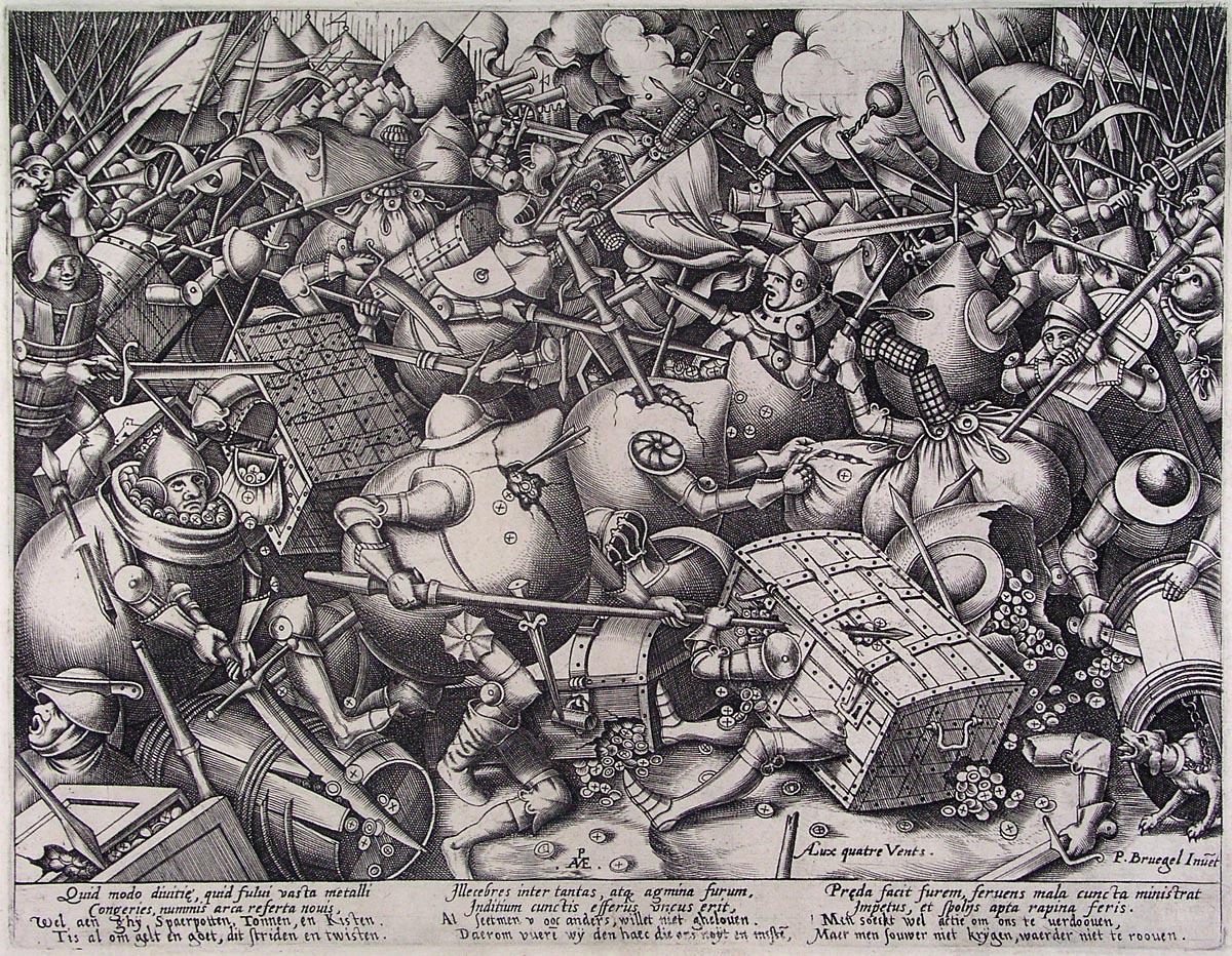 П. Брейгель Старший. Битва сундуков и копилок. Гравюра. 1558.