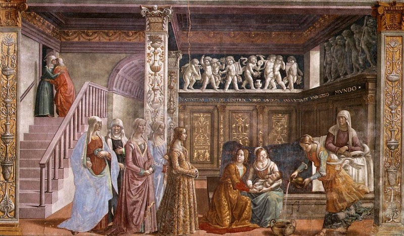 Доменико Гирландайо. "Рождество Богоматери". Фреска в церкви Санта-Мария-Новелла во Флоренции. 1486-1490.