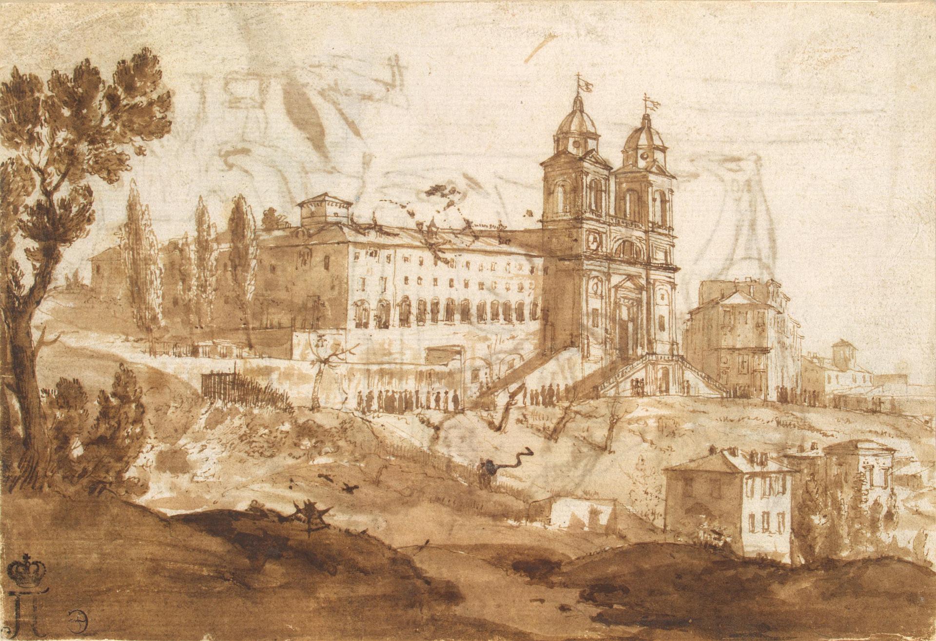 Клод Желле, прозванный Лоррен. "Вид церкви Тринина деи Монти в Риме". 1632. Эрмитаж, Санкт-Петербург.