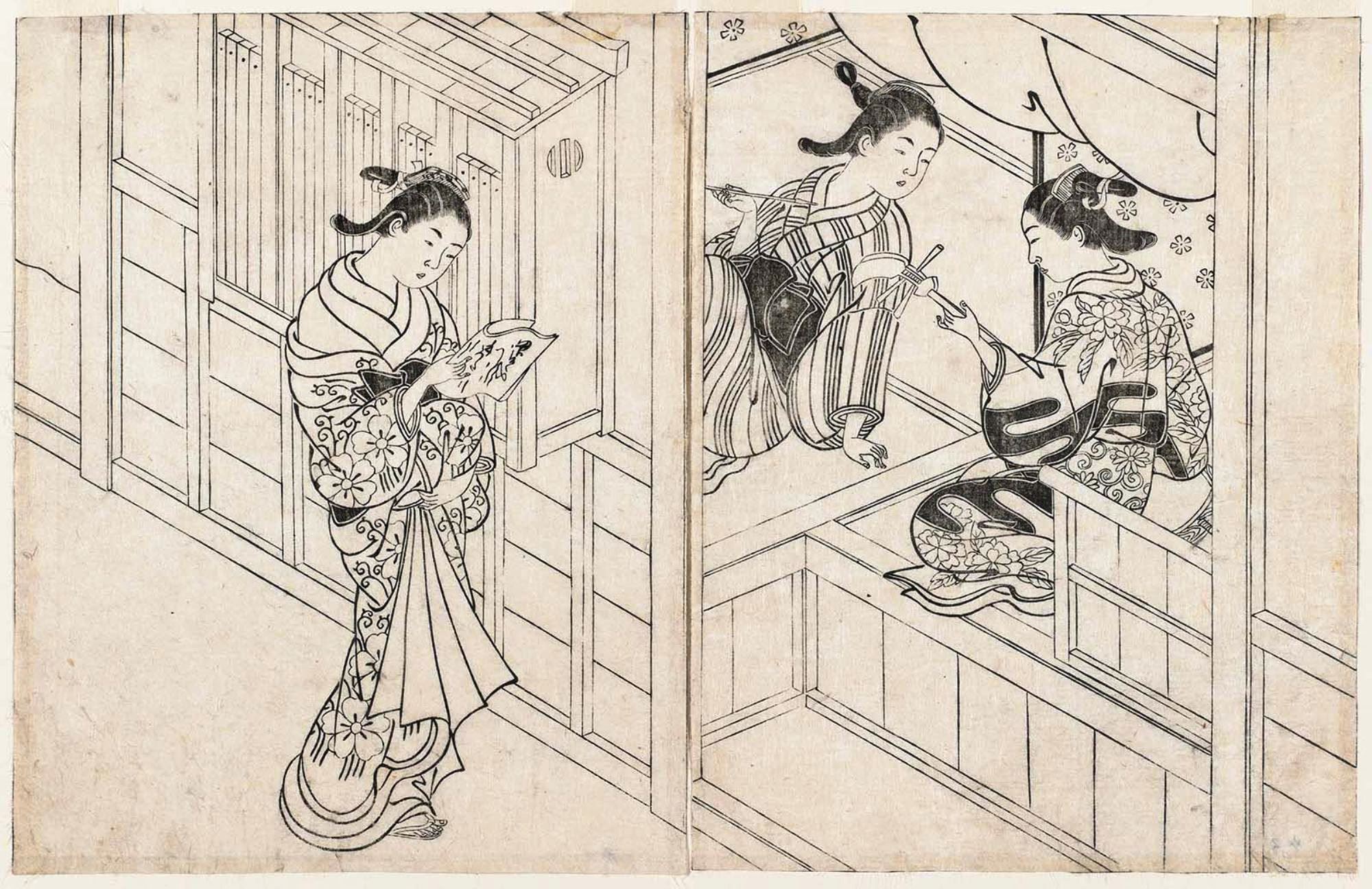 Нисикава Сукэнобу. Ойран Эхон Токива читает письмо, две куртизанки справа. 1731.