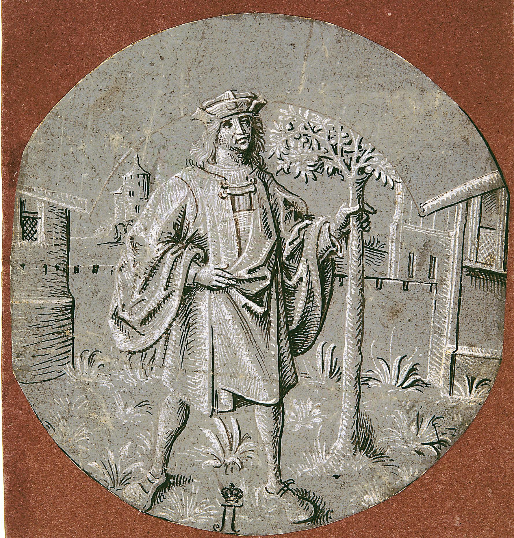 Мастер смерти Авессалома. "Молодой человек, держащийся за ствол дерева (аллегория месяца апреля)". около 1510. Эрмитаж, Санкт-Петербург.