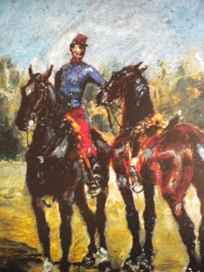Анри де Тулуз-Лотрек. "Военный в униформе с двумя лошадьми". 1880. Музей Тулуз-Лотрека, Альби.