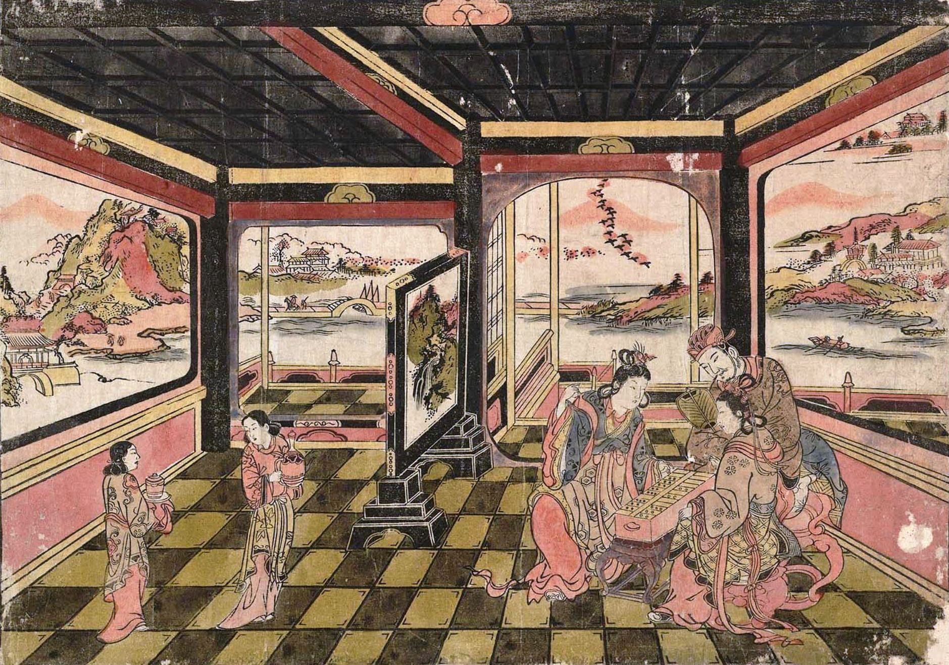 Окумура Масанобу. Игра в павильоне в сугороку. 1740-е.