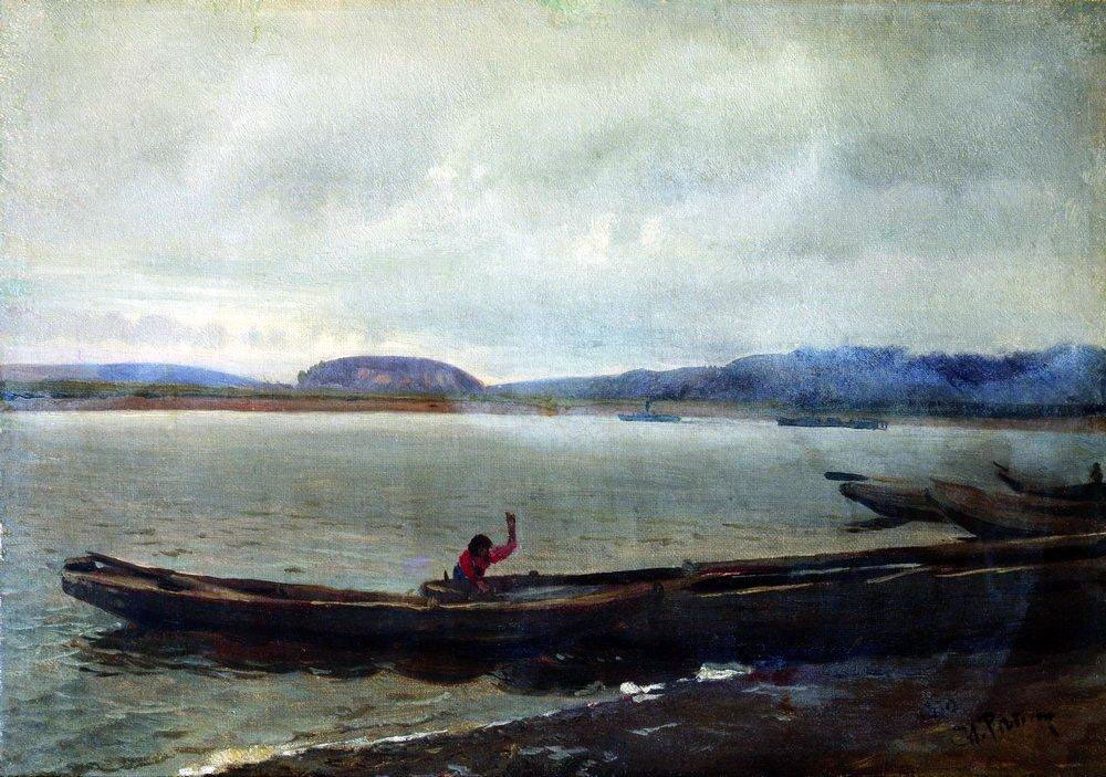 Илья Репин. Волжский пейзаж с лодками. 1870.