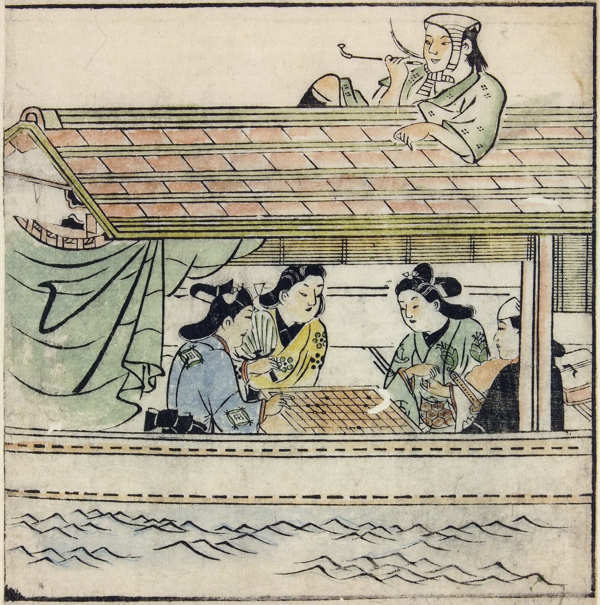Моронобу Хисикава. "Четверо, отдыхающих в лодке и лодочник, курящий на крыше". 1683.