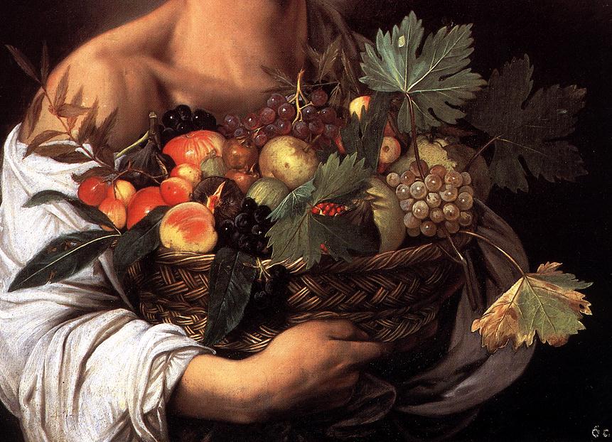 Караваджо. Юноша с корзиной фруктов. Фрагмент. 1593.