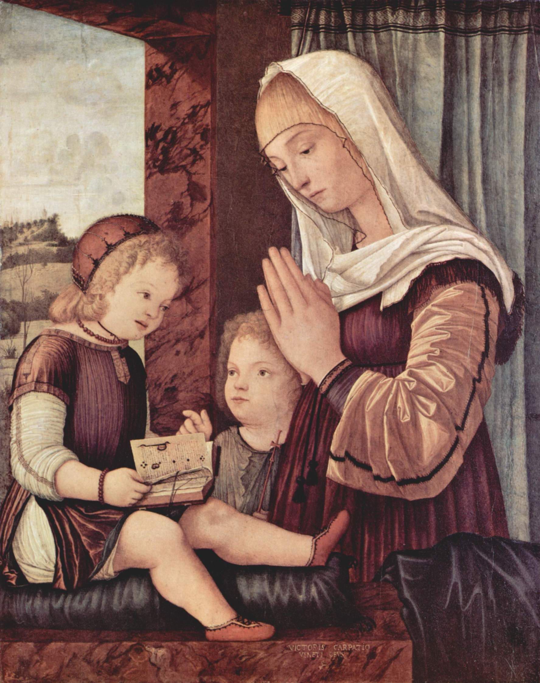 Виттор Карпаччо. Мария и Иоанн Креститель, поклоняющиеся младенцу Христу.