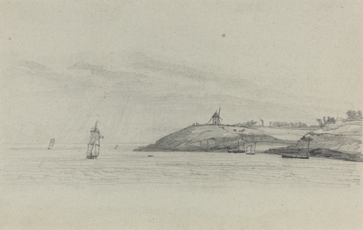 Эжен Буден. "Прибрежный пейзаж с перевозкой и ветряной мельницей вдали". 1858. Национальная галерея искусств, Вашингтон.