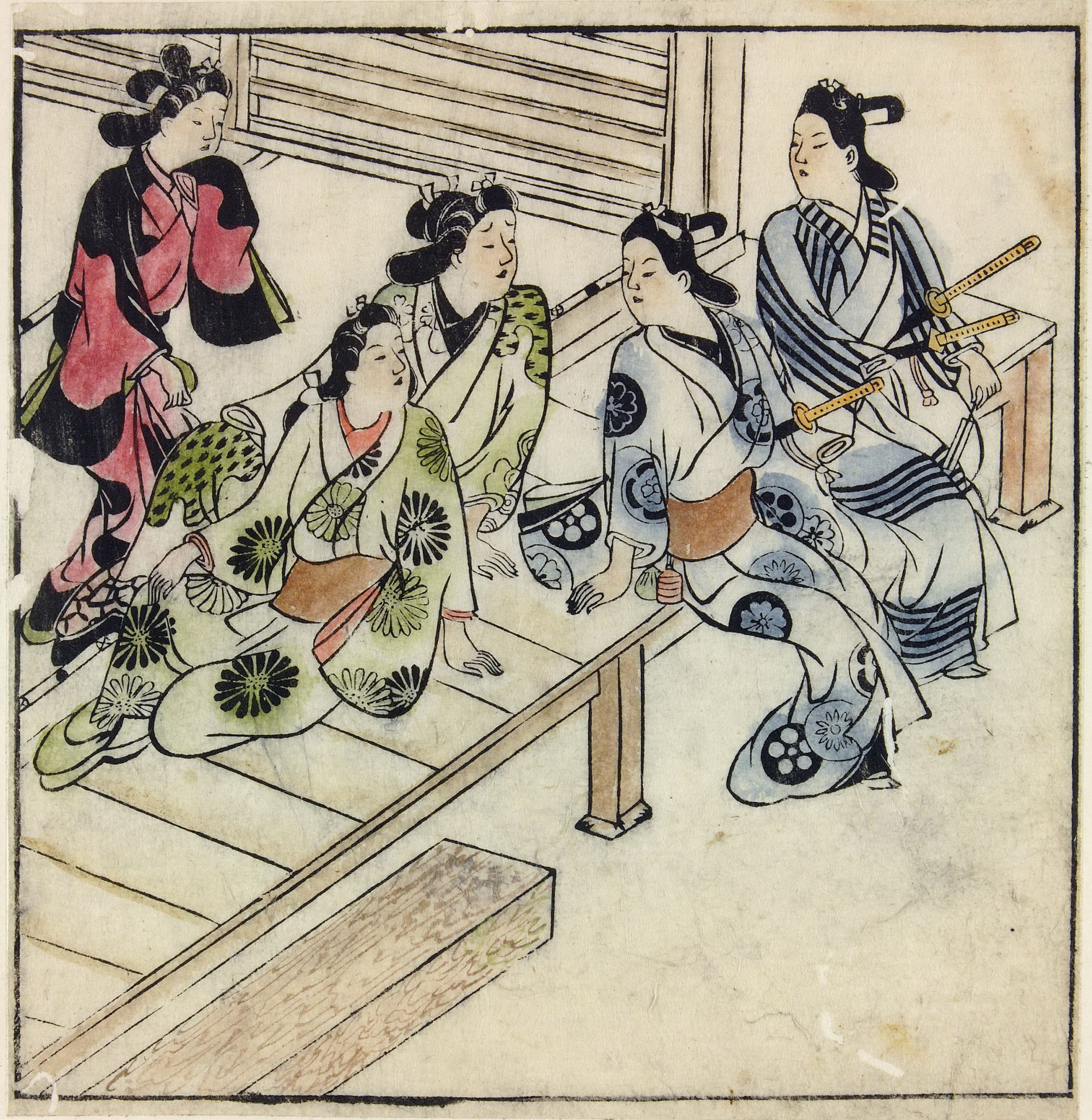 Моронобу Хисикава. "Двое молодых людей на веранде дома развлечений с тремя женщинами". 1683.