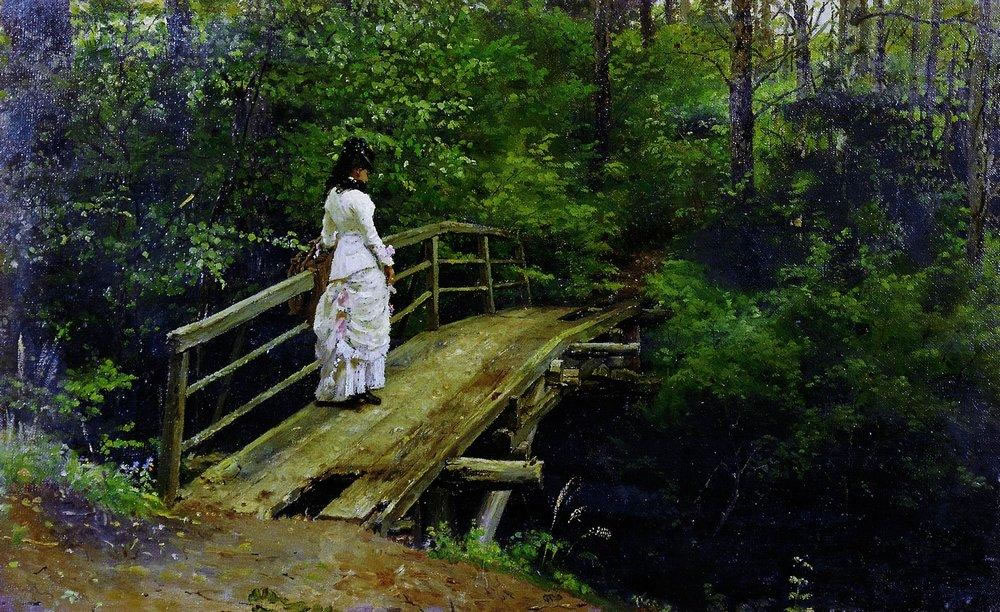 Илья Репин. Летний пейзаж (Вера Алексеевна Репина на мостике в Абрамцеве). 1879.