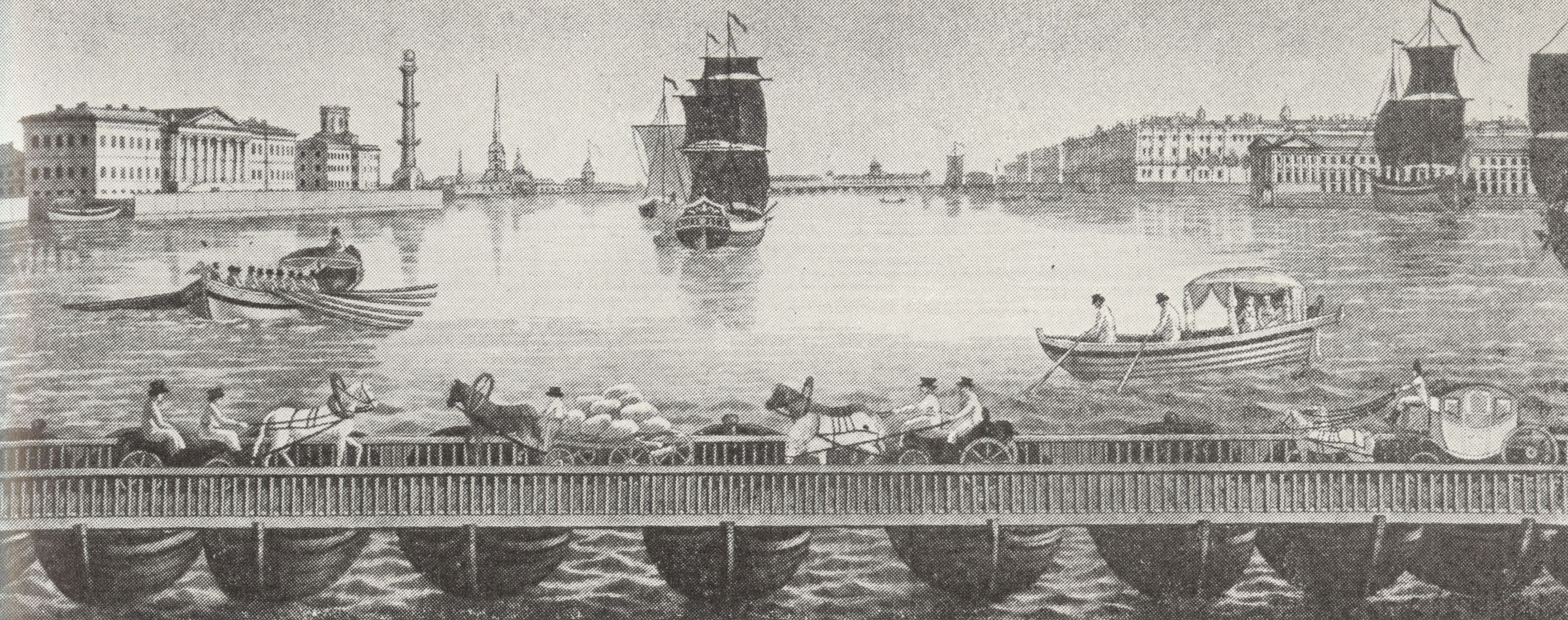 Вид на Исаакиевский наплавной мост и набережные. Гравюра по рисунку М.-Ф. Дамам-Демартре. 1810-е.