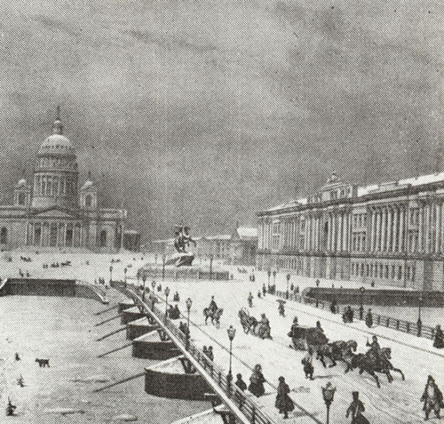 Вид на Исаакиевский наплавной мост и Петровскую (Сенатскую( площадь. 1830-е.