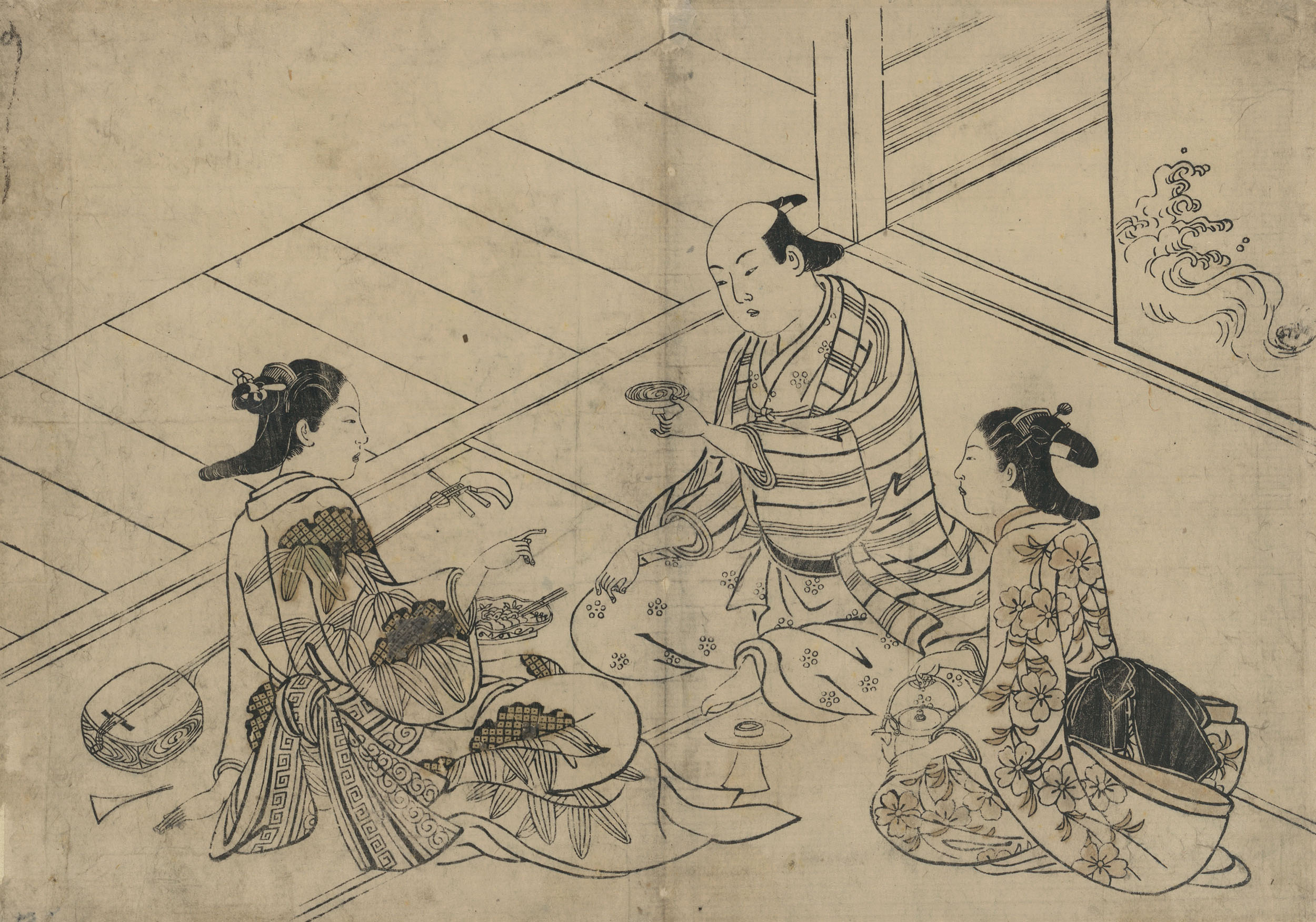 Нисикава Сукэнобу. "Мужчина с двумя гейшами". Между 1716 и 1742.