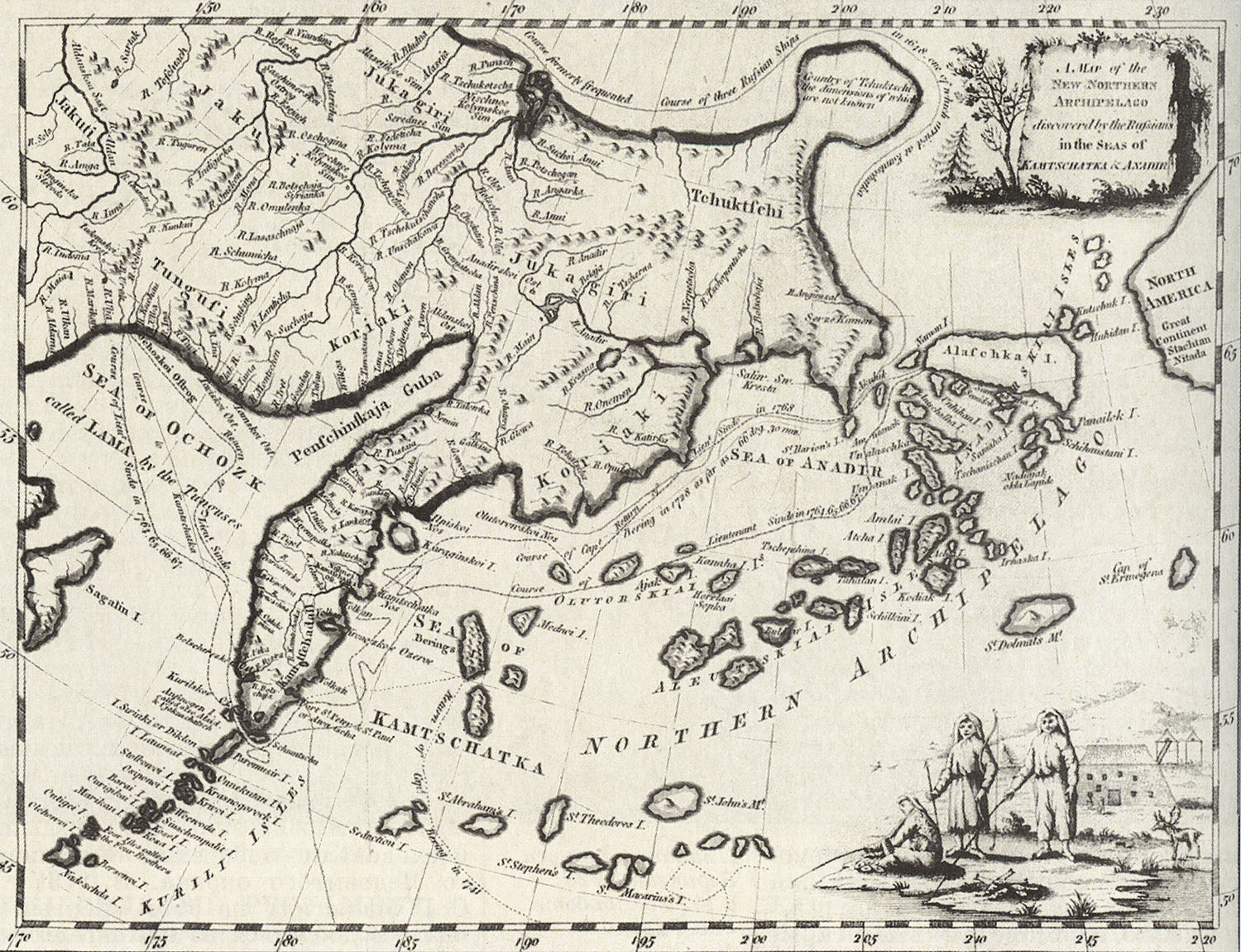 "Карта новооткрытых островов к востоку и северо-востоку от Камчатки". Гравюра из книги Я. Я. Штелина.