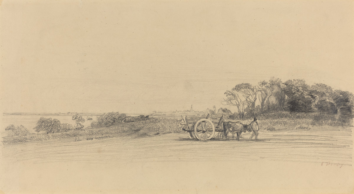 Эжен Буден. "Остров Муан с силуэтом и тележкой". 1858. Национальная галерея искусства, Вашингтон.