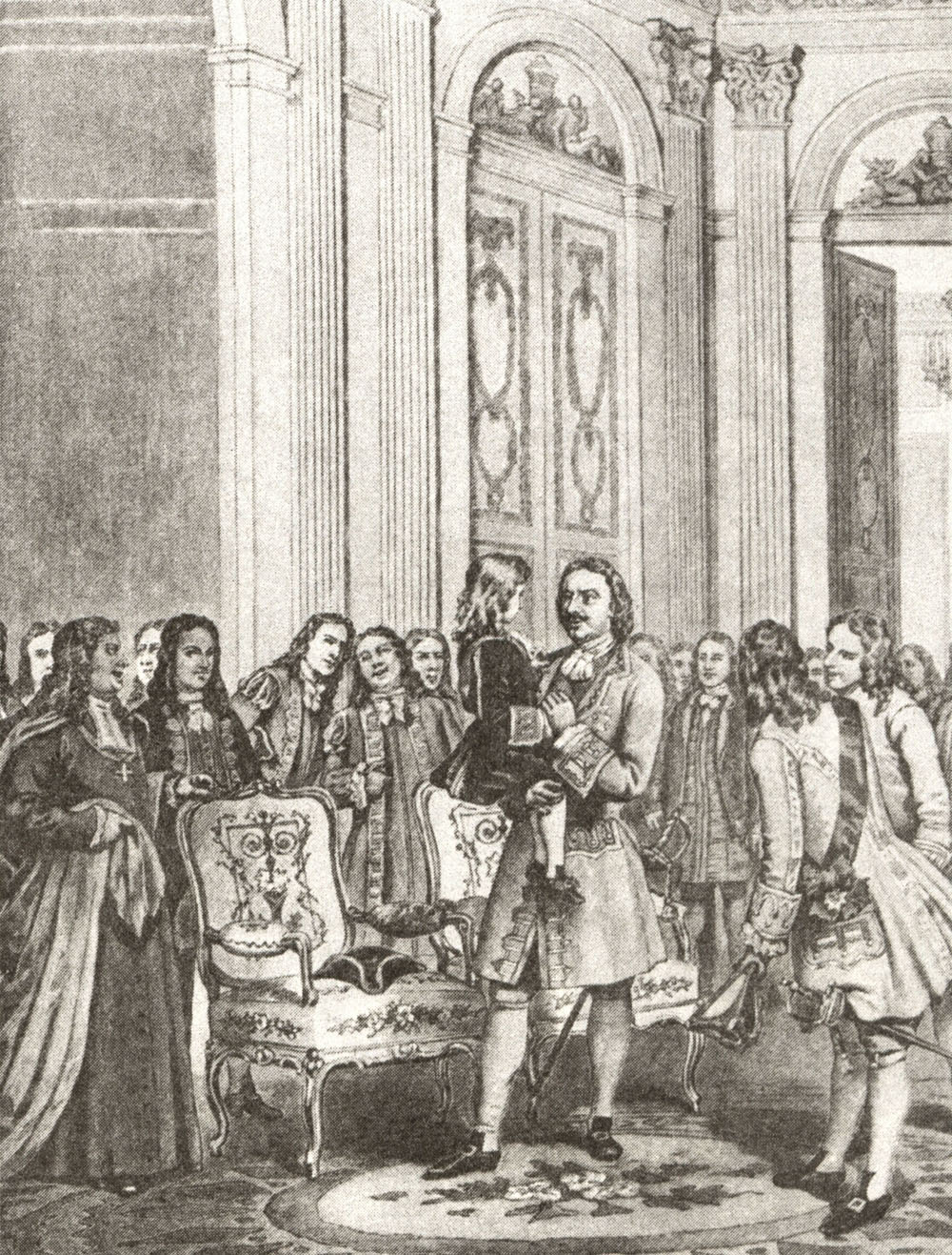 Н. Дмитриев-Оренбургский. Пребывание Петра Великого в Париже. Малолетний Людовик XV посещает Петра во дворце Ледигиера.