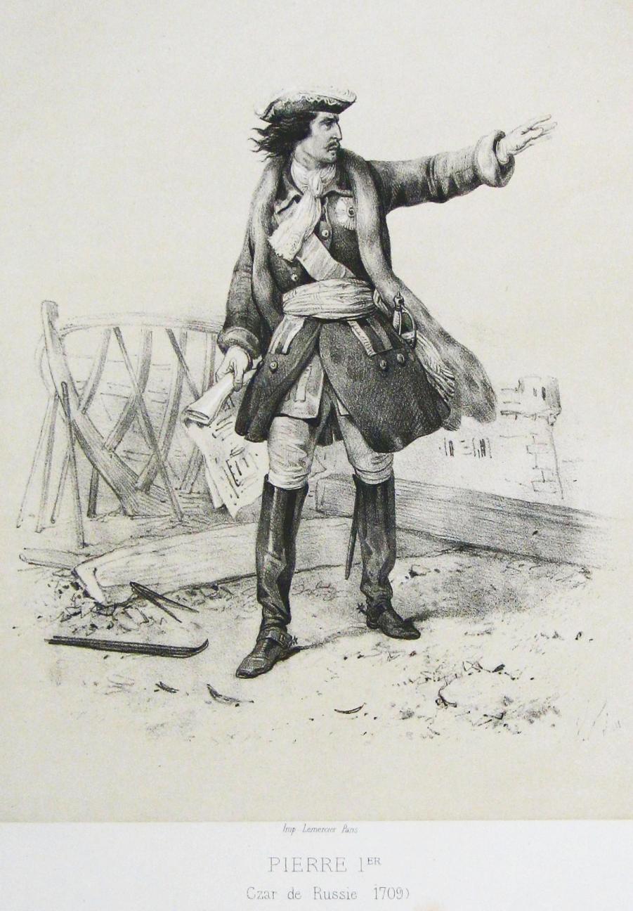 Пётр I в 1709 году. Рисунок середины XIX века.