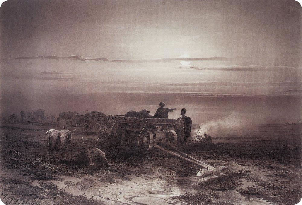 Алексей Кондратьевич Саврасов. "Привал обоза чкмаков в степи". 1867.