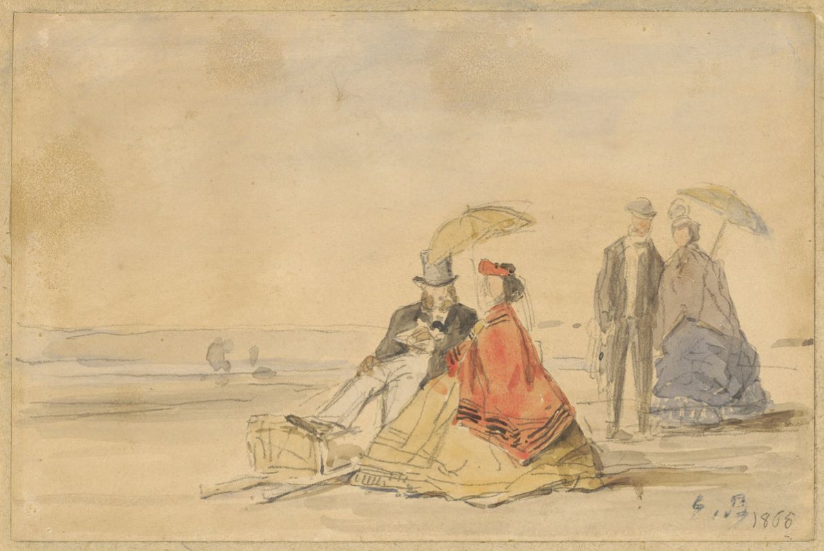 Эжен Буден. "Пара сидящая и пара, прогуливающаяся по пляжу". 1865. Национальная галерея искусств, Вашингтон.