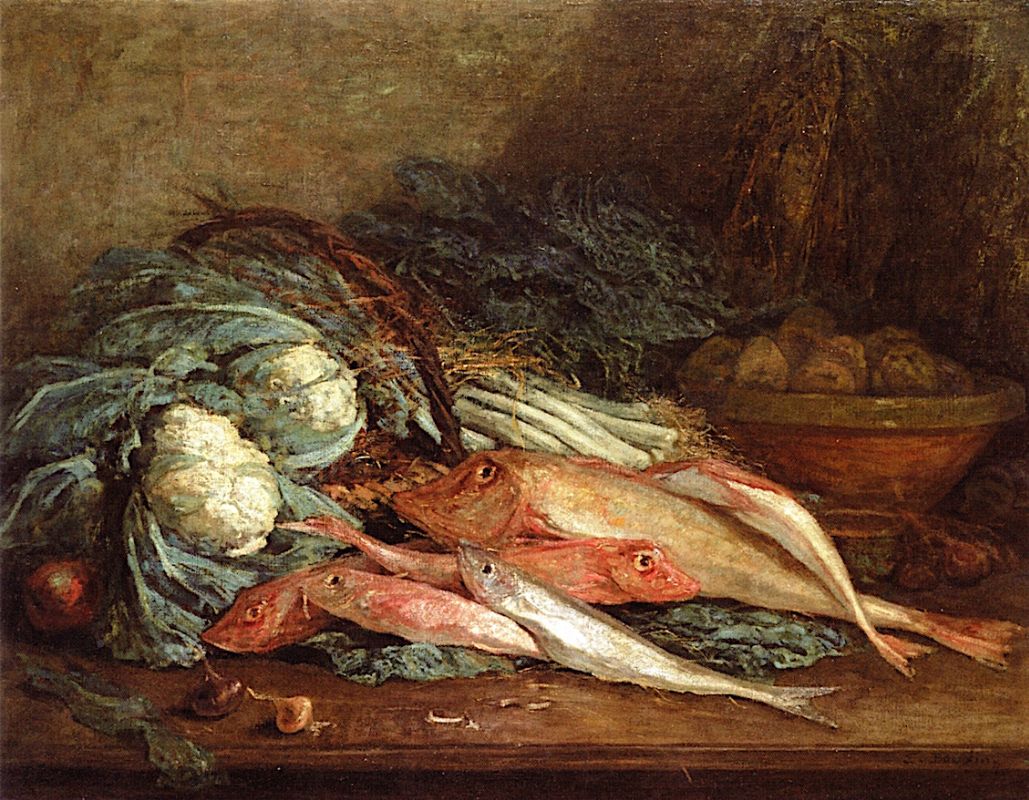 Эжен Буден. "Натюрморт с овощами и рыбой". 1856. Частная коллекция.