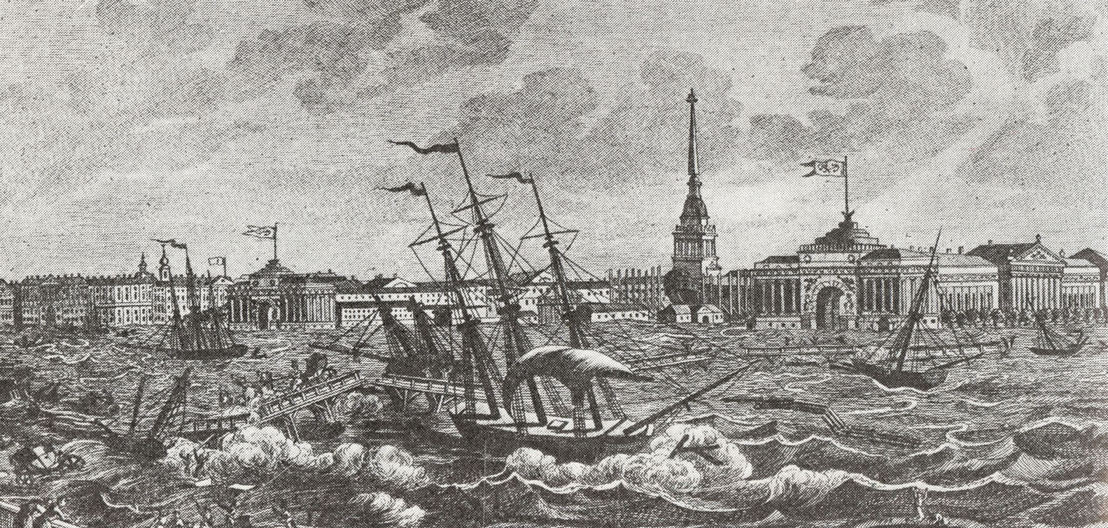 Петербургское наводнение 7 ноября 1824 года. Гравюра. 1820-е.