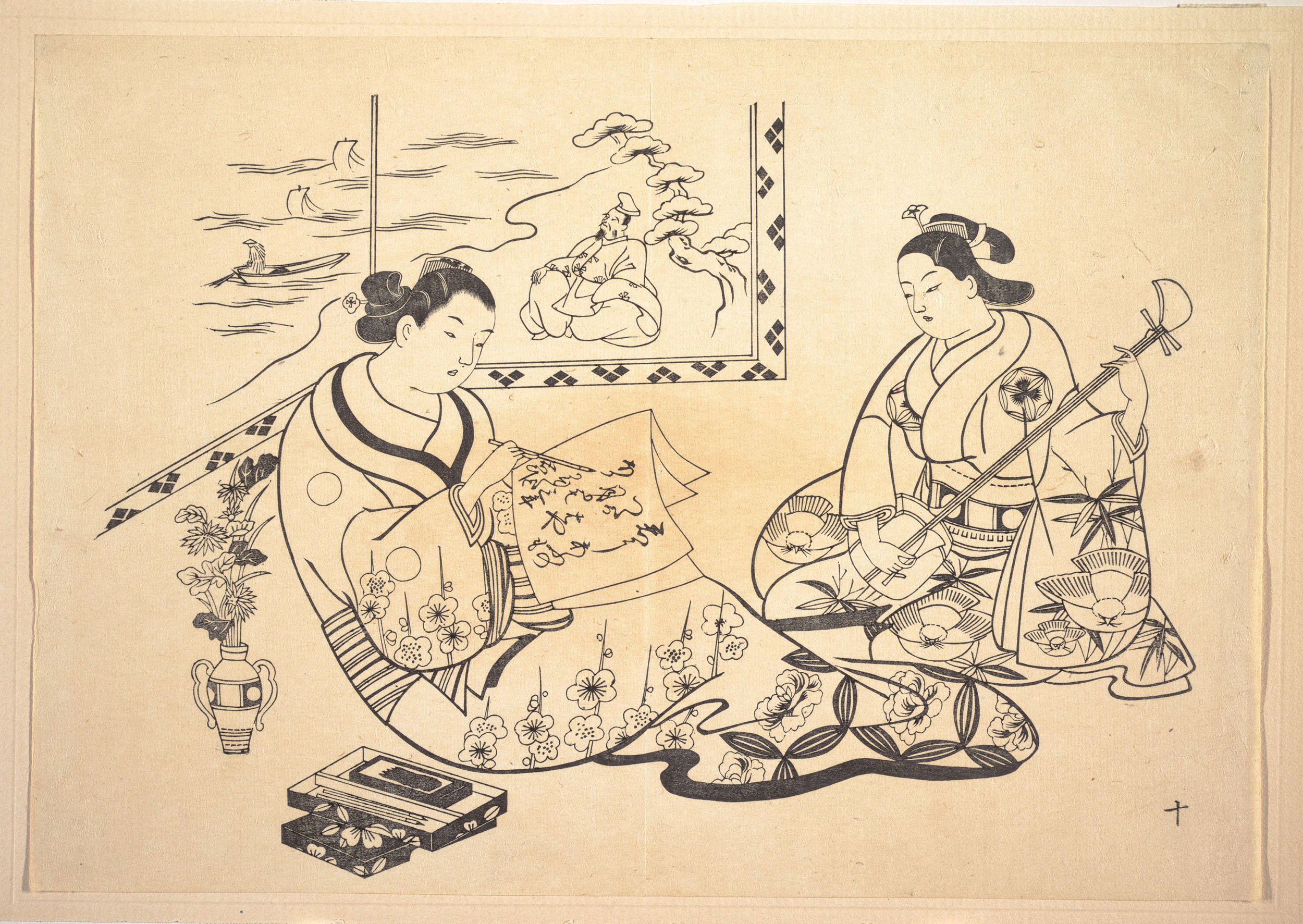 Окумура Масанобу. Две женщины, сидящие в салоне.