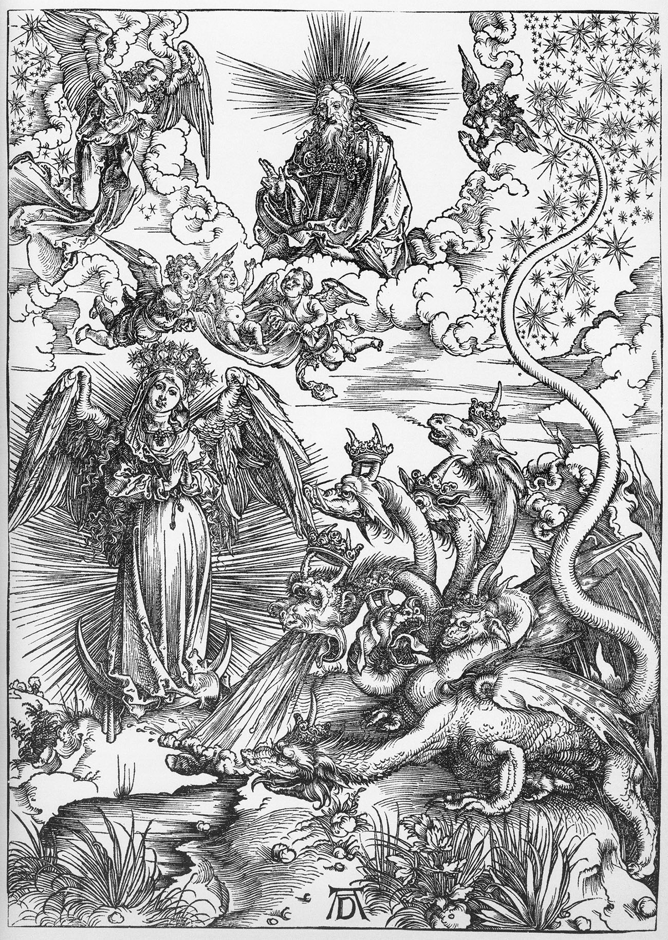 Альбрехт Дюрер. "Жена, облачённая в солнце". Ксилография из серии "Апокалипсис". 1498.