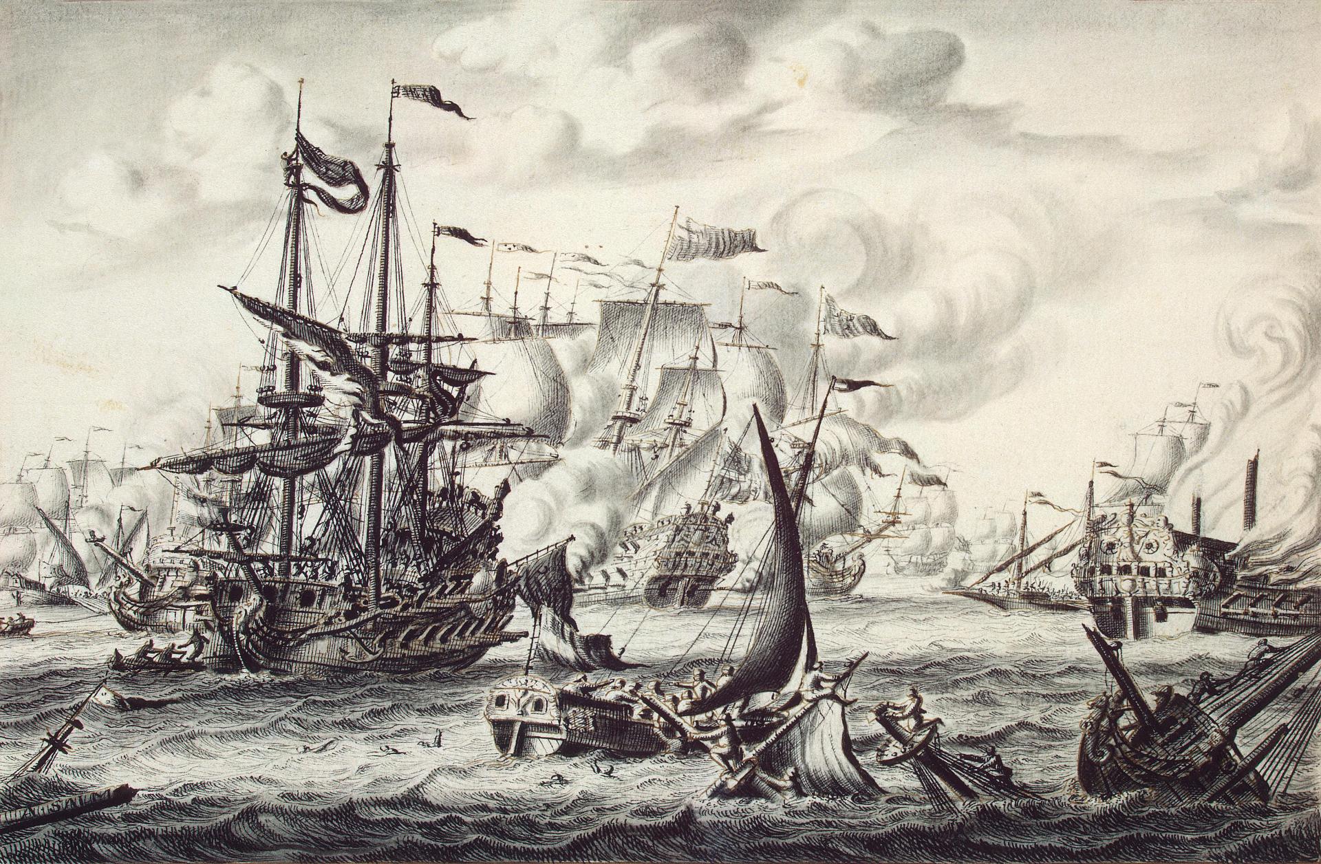 Адриен ван Сальм. "Морское сражение". Около 1707. Эрмитаж, Санкт-Петербург.