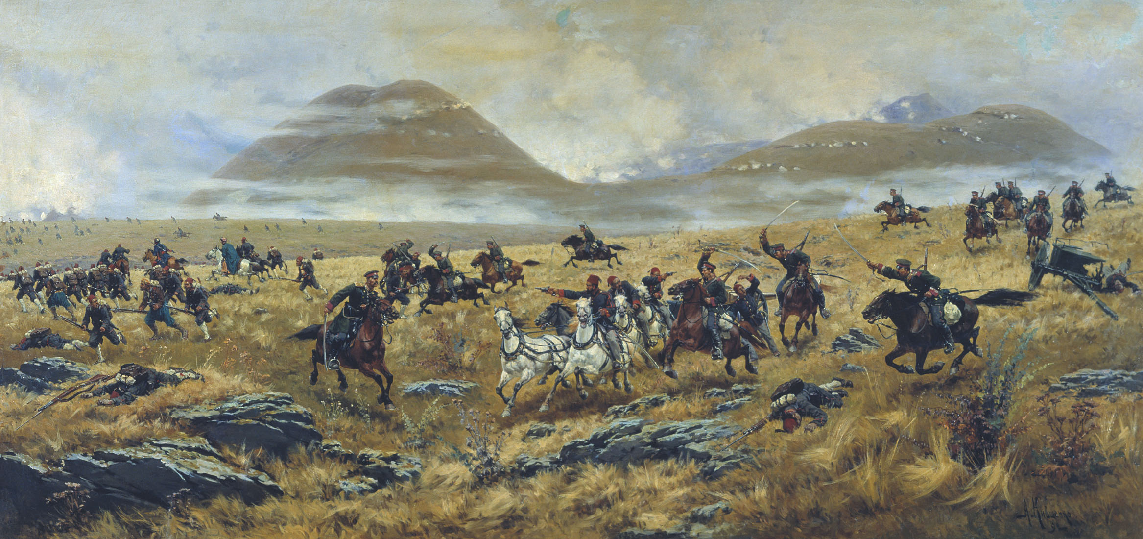 А. Кившенко. Нижегородские драгуны, преследующие турок по дороге к Карсу во время Аладжинского сражения 3 октября 1877 года.
