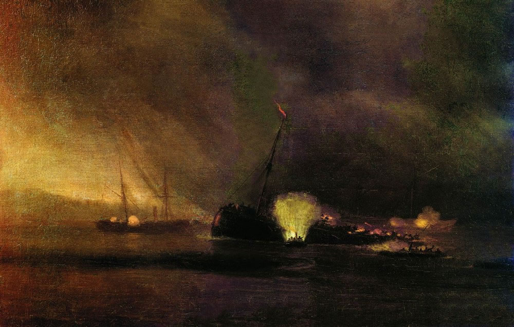 И. Айвазовский. Взрыв трёхмачтового парохода в Сулине 27 сентября 1877 года. 1878.                                                      .