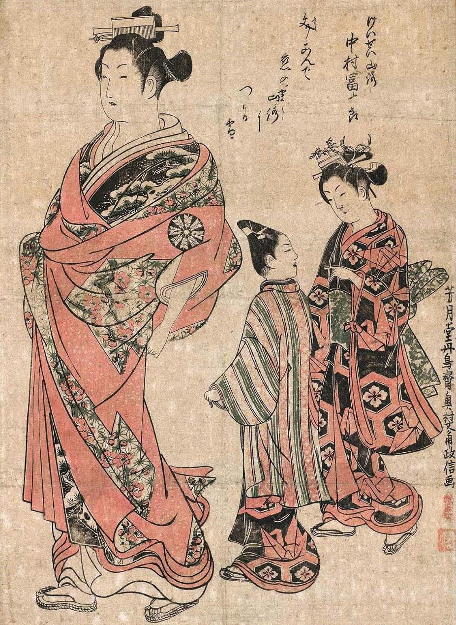 Окумура Масанобу. "Актёр Накамура Томидзиро в роли куртизанки Ямадзи". 1740.