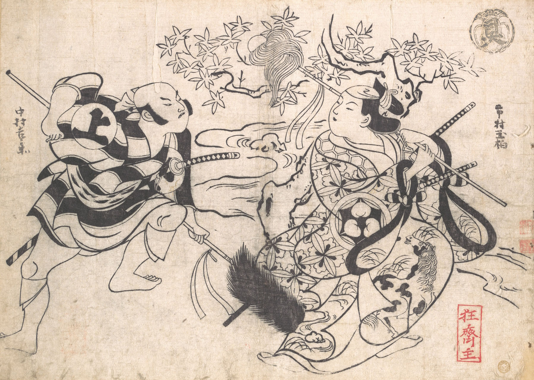 Окумура Масанобу. "Два актёра исполняют танец с копьями". 1710-1713.
