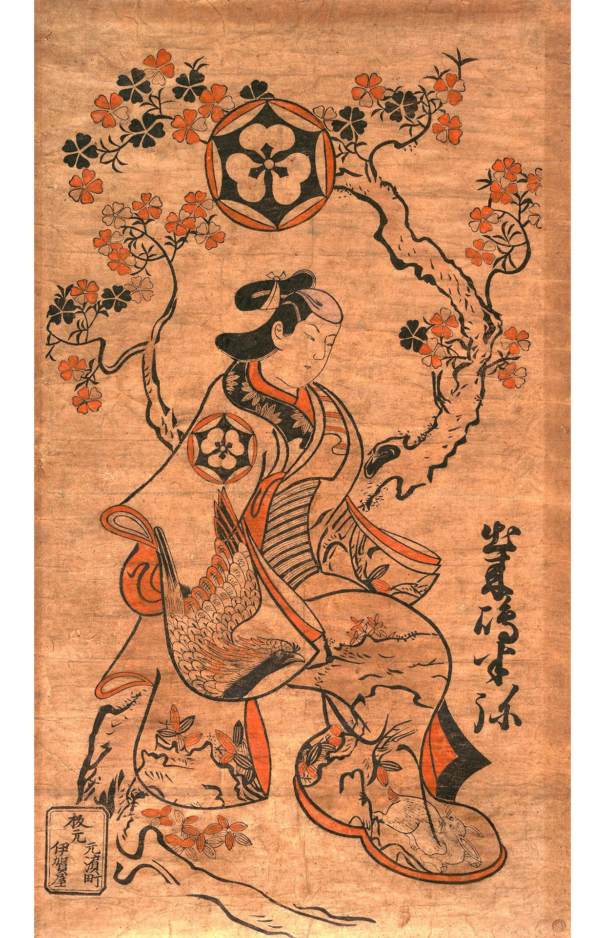 Тории Киёнобу I. "актёр Декисима Хания, сидящий на вишнёвом дереве". 1700-1705.