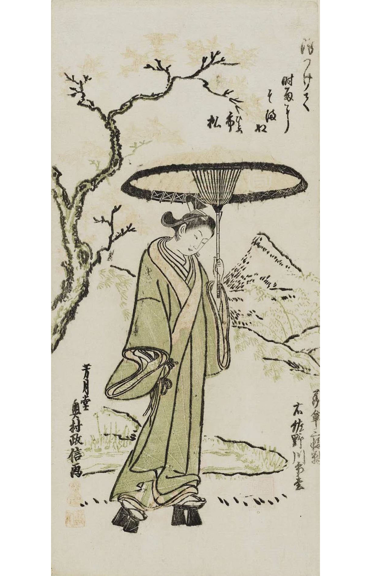 Окумура Масанобу. "Актёр Саногава Ичиматсу (из триптиха "Зонтики")". Около 1750.