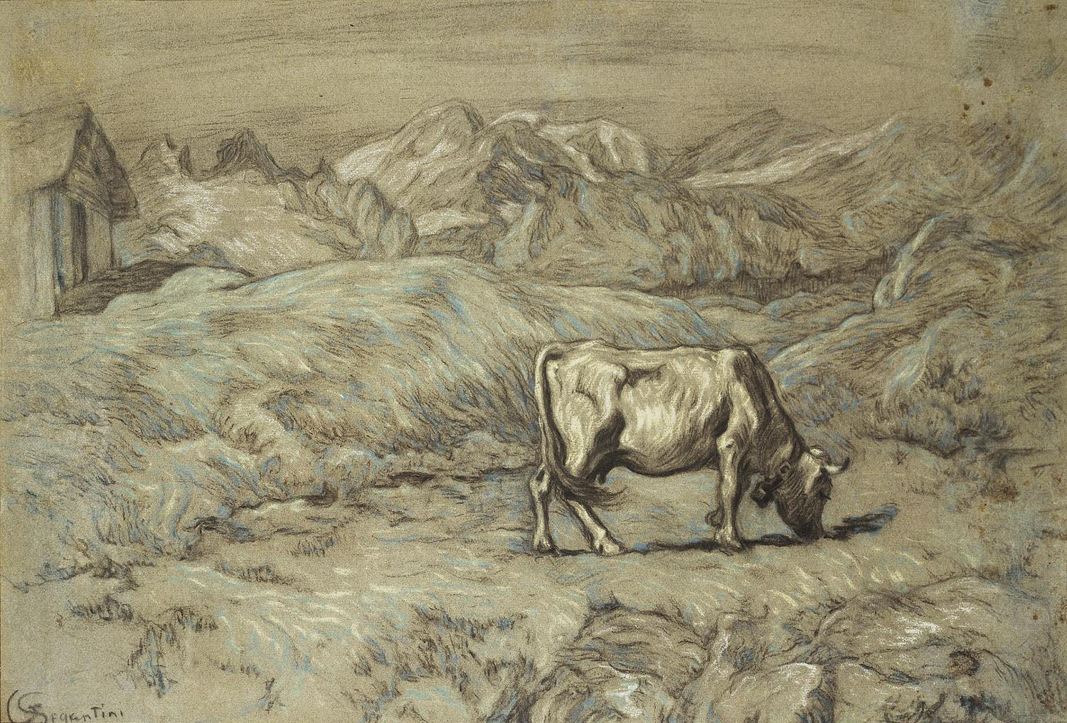 Джованни Сегантини. "Альпийское пастбище (Пейзаж с коровой)". около 1896.