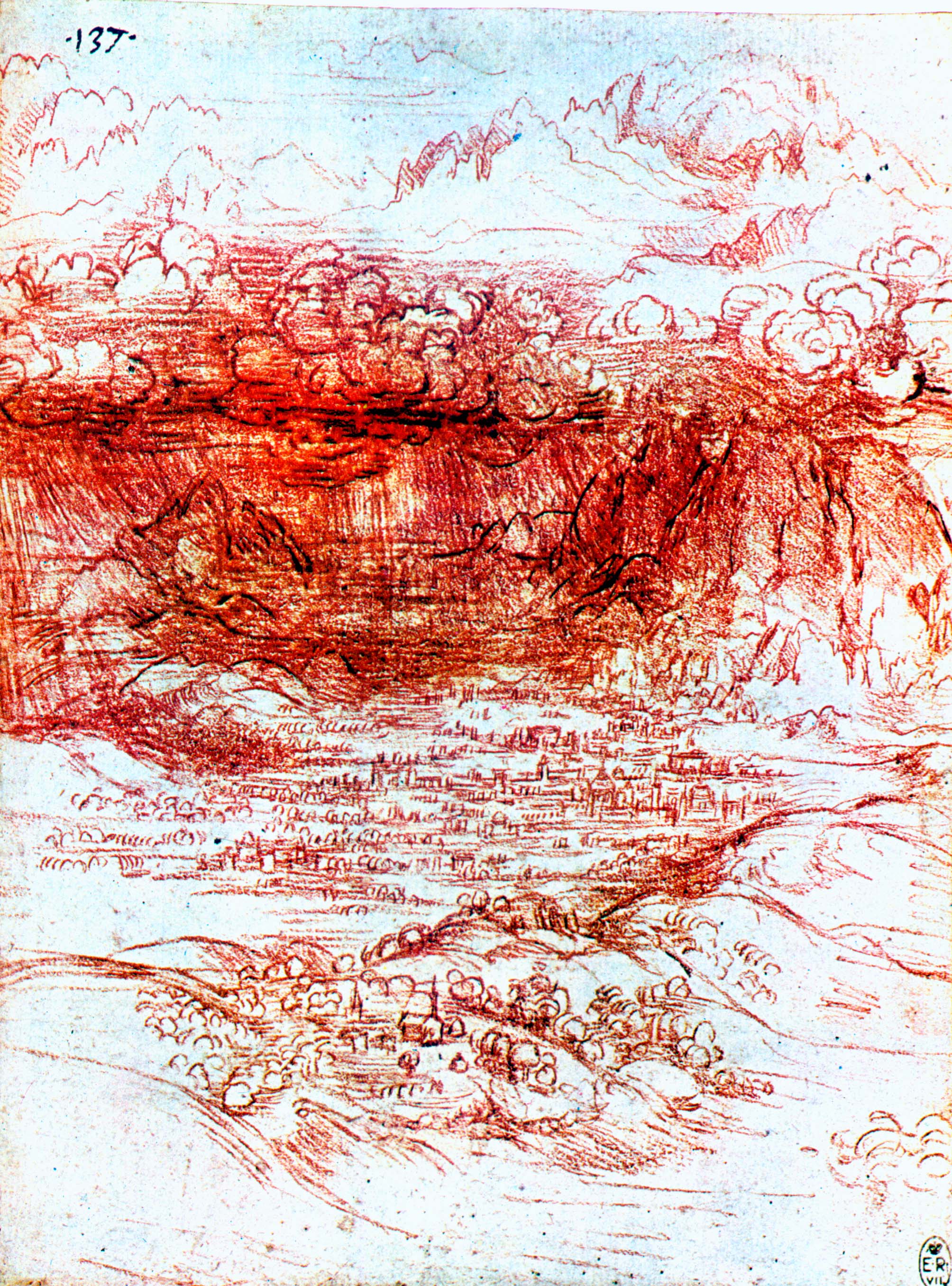 Леонардо да Винчи. Ливень над Альпийской долиной. 1499.
