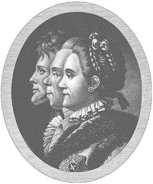Екатерина II, Павел I и Александр i в медальоне. С гравюры Бельдта.