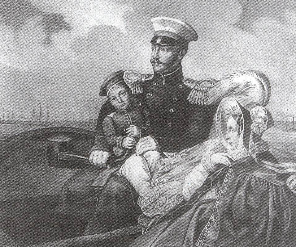 Литография с оригинала Г. Дау. "Николай I, Александра Фёдоровна и Константин Николаевич в море на прогулке". 1830-1840-е.