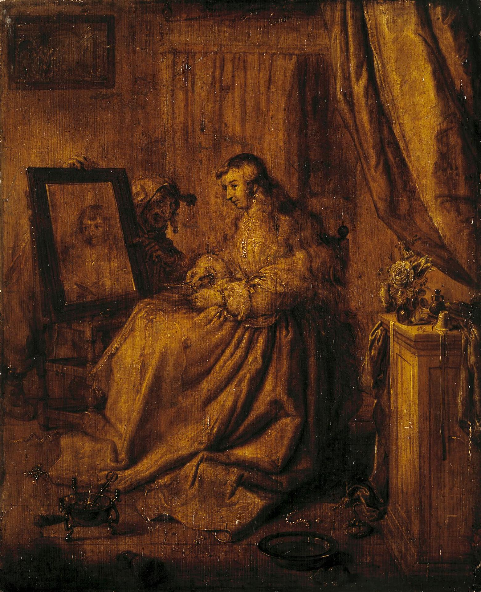 Адриан Питерс ван де Венне. "Молодая женщина перед зеркалом (Аллегория тщеславия)". Около 1630. Эрмитаж, Санкт-Петербург.