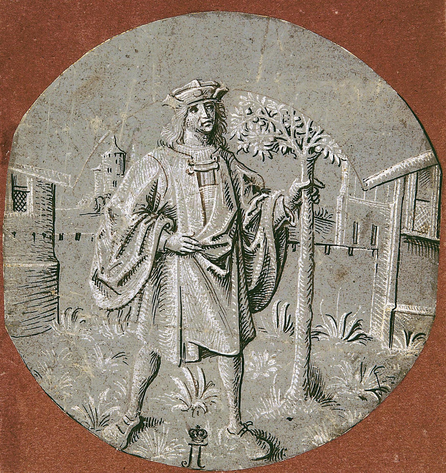 Мастер смерти Авессалома. "Молодой человек, держащийся за ствол дерева (аллегория месяца апреля)". Около 1510. Эрмитаж, Санкт-Петербург.