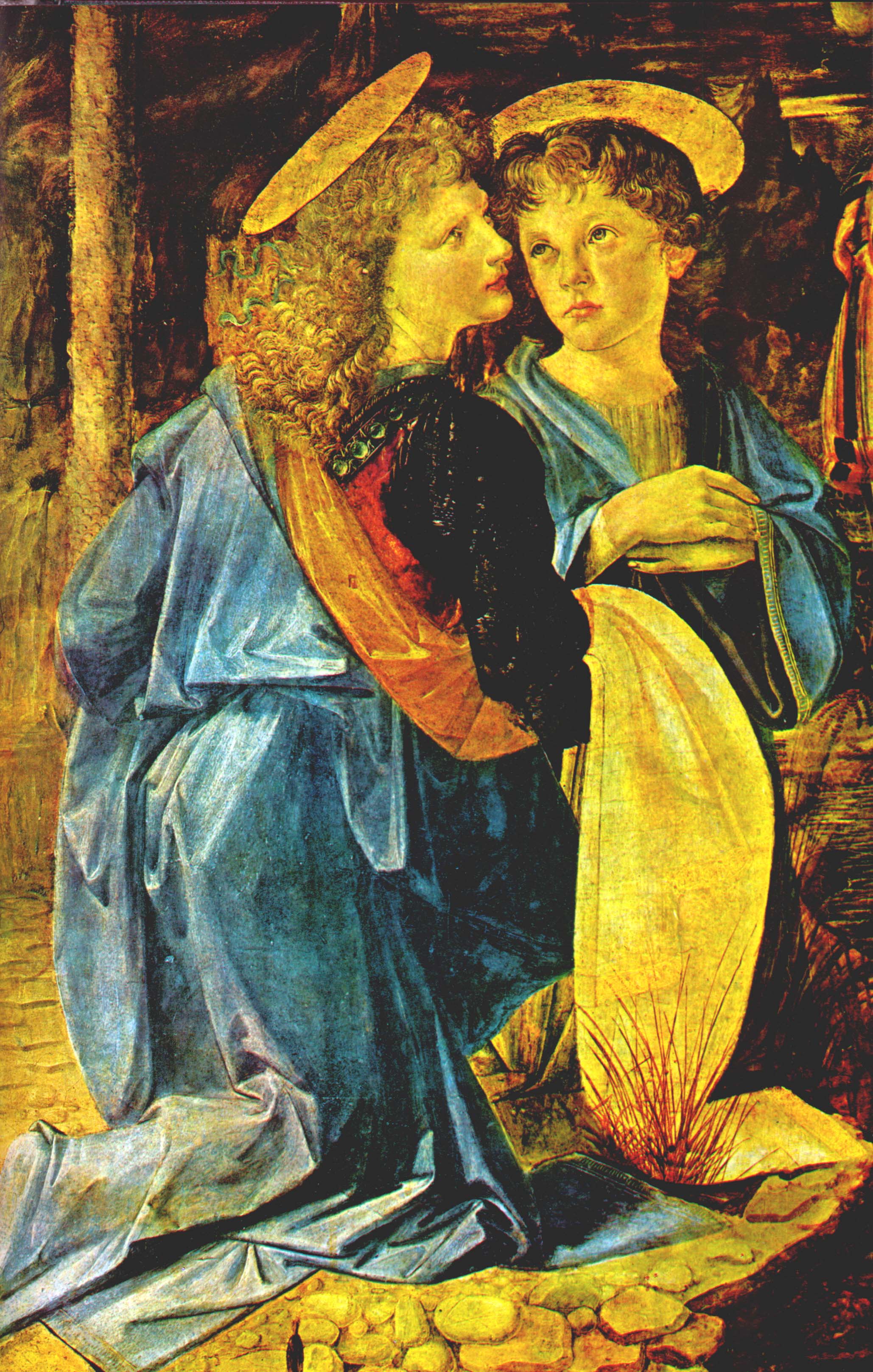 Леонардо да Винчи. "Коленопреклонённый ангел в профиль. Фрагмент картины Андреа дель Верроккио "Крещение Христа". 1472.