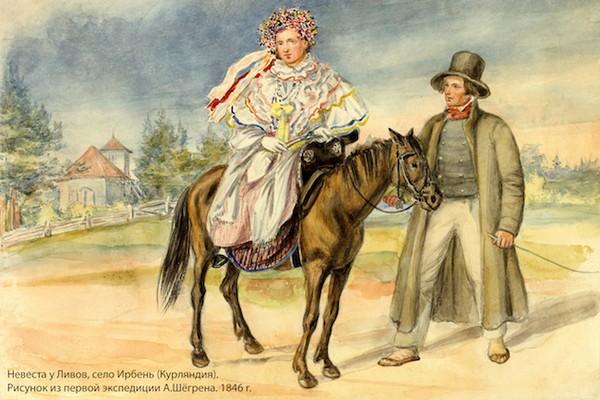 Невеста у ливов, село Ирбень (Курляндия). Рисунок из первой экспедиции А. Шёгрена. 1846.