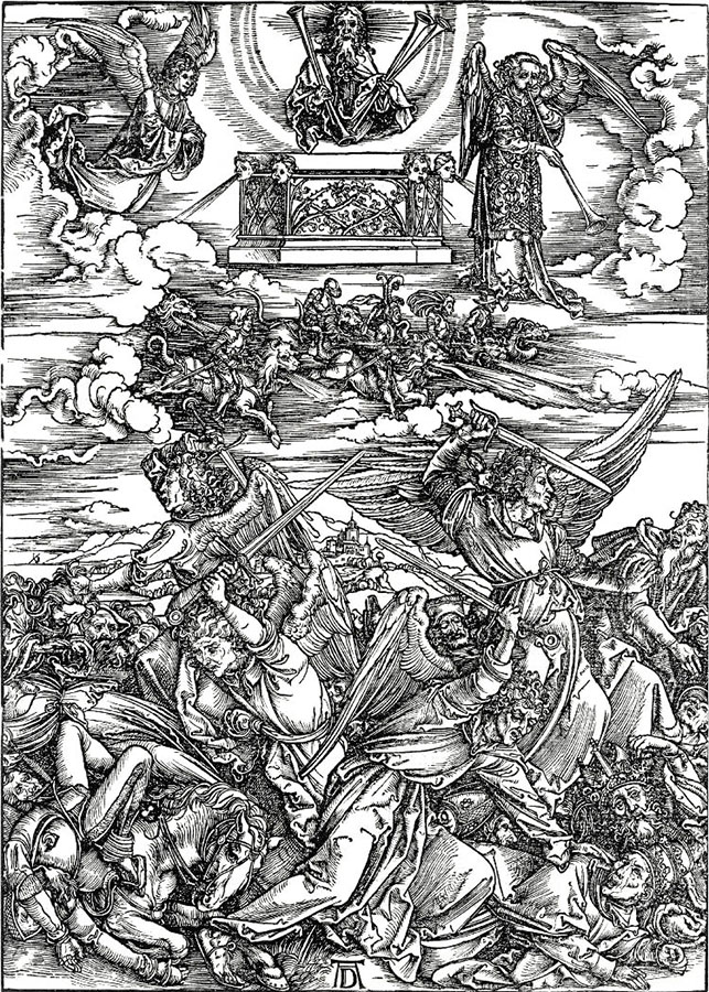 Альбрехт Дюрер. "Четыре ангела Смерти". Серия "Апокалипсис". 1496-1498.