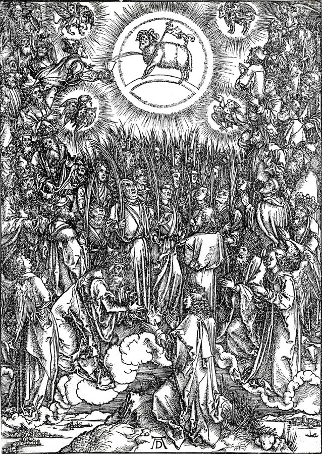 Альбрехт Дюрер. "Поклонение Богу и Агнцу". Серия "Апокалипсис". 1497-1498.