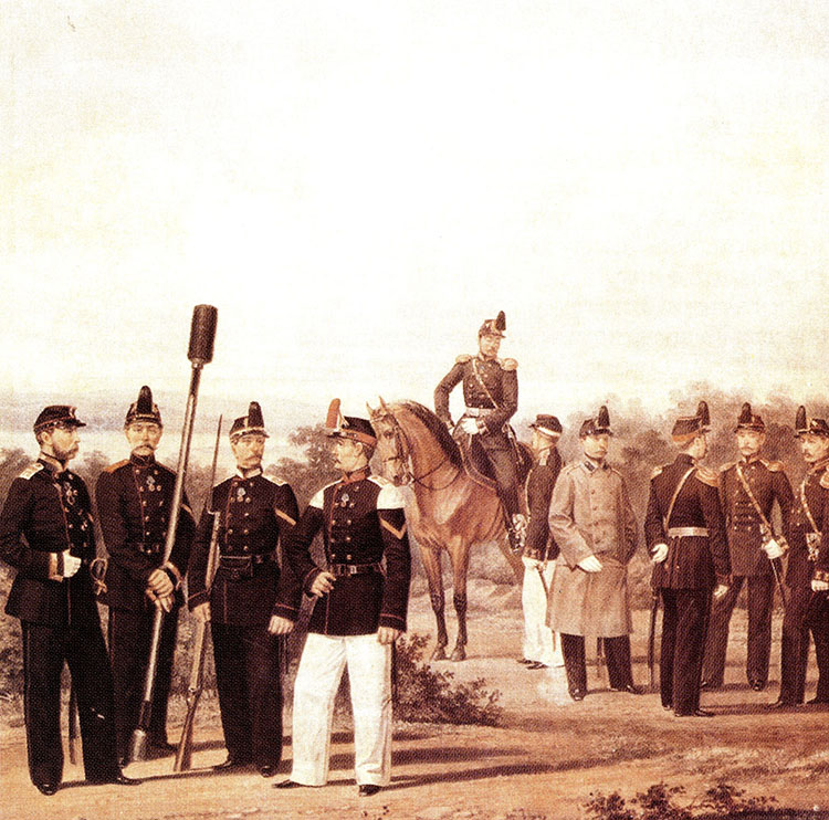 "Формы офицеров и нижних чинов армейской пехоты и артиллерии". 1860-е.