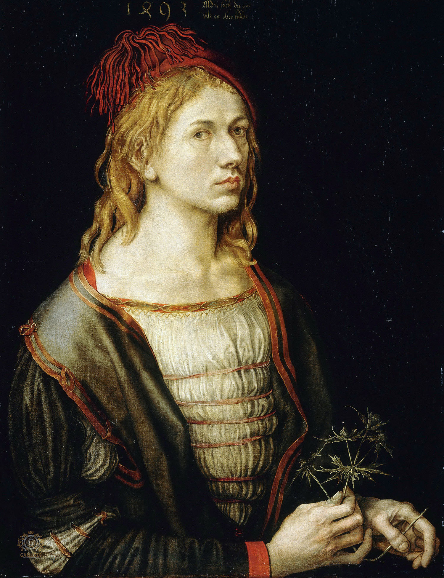 Альбрехт Дюрер. "Автопортрет с остролистом". 1493. Лувр, Париж.