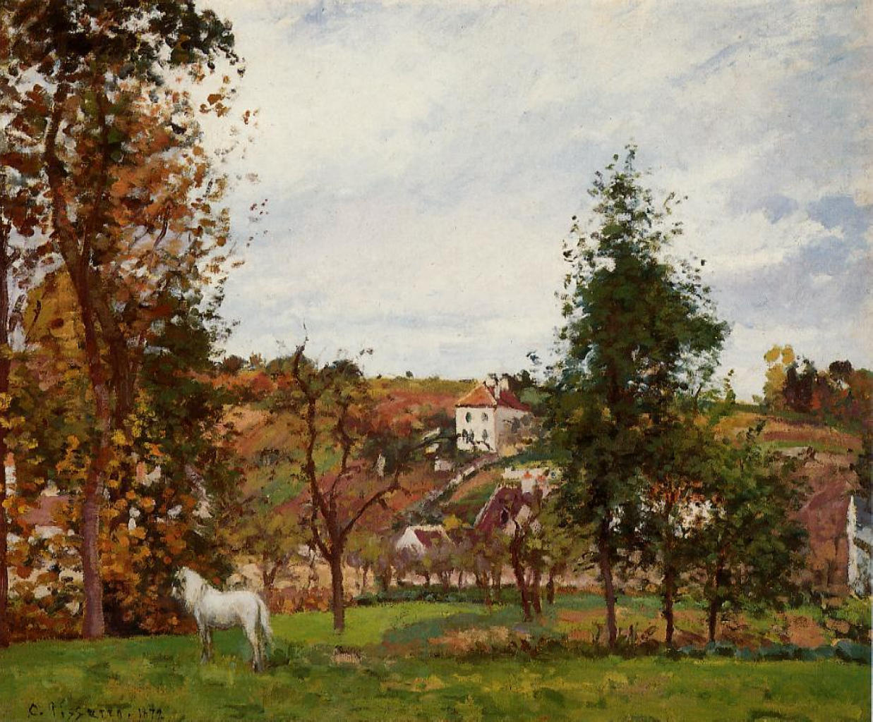 Камиль Писсарро. "Пейзаж с белой лошадью на лугу, селение Эрмитаж". 1872.
